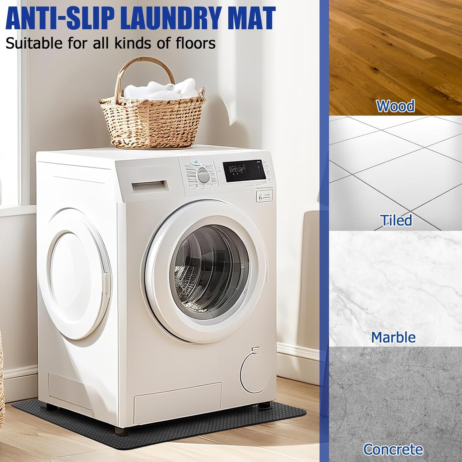Doubled-Sided Non Slip Under Washing Machine Mat, 27" x 27" Compact Anti Vibration Mat for Washing Machine, Heavy Duty Washer and Dryer Mats for Floor Protection Under Refrigerator Mats