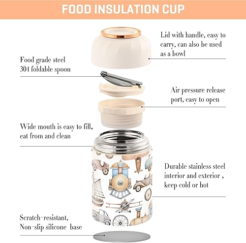 Miniatura 4 de Termo para comida caliente a prueba de fugas, patrón de transporte de automóvil de avión, de acero inoxidable, sellado térmico con cuchara y tapa