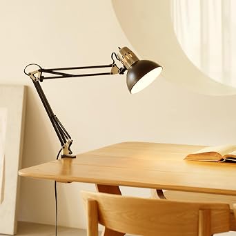 Globe Electric 62000009 32 Multi-Joint Desk Lamp with Metal Clamp, Matte Black, Antique Brass Accents, On/Off Rotary Switch on Shade, Partially Adjustable Swing Arm, Home Decor, Office Accessory