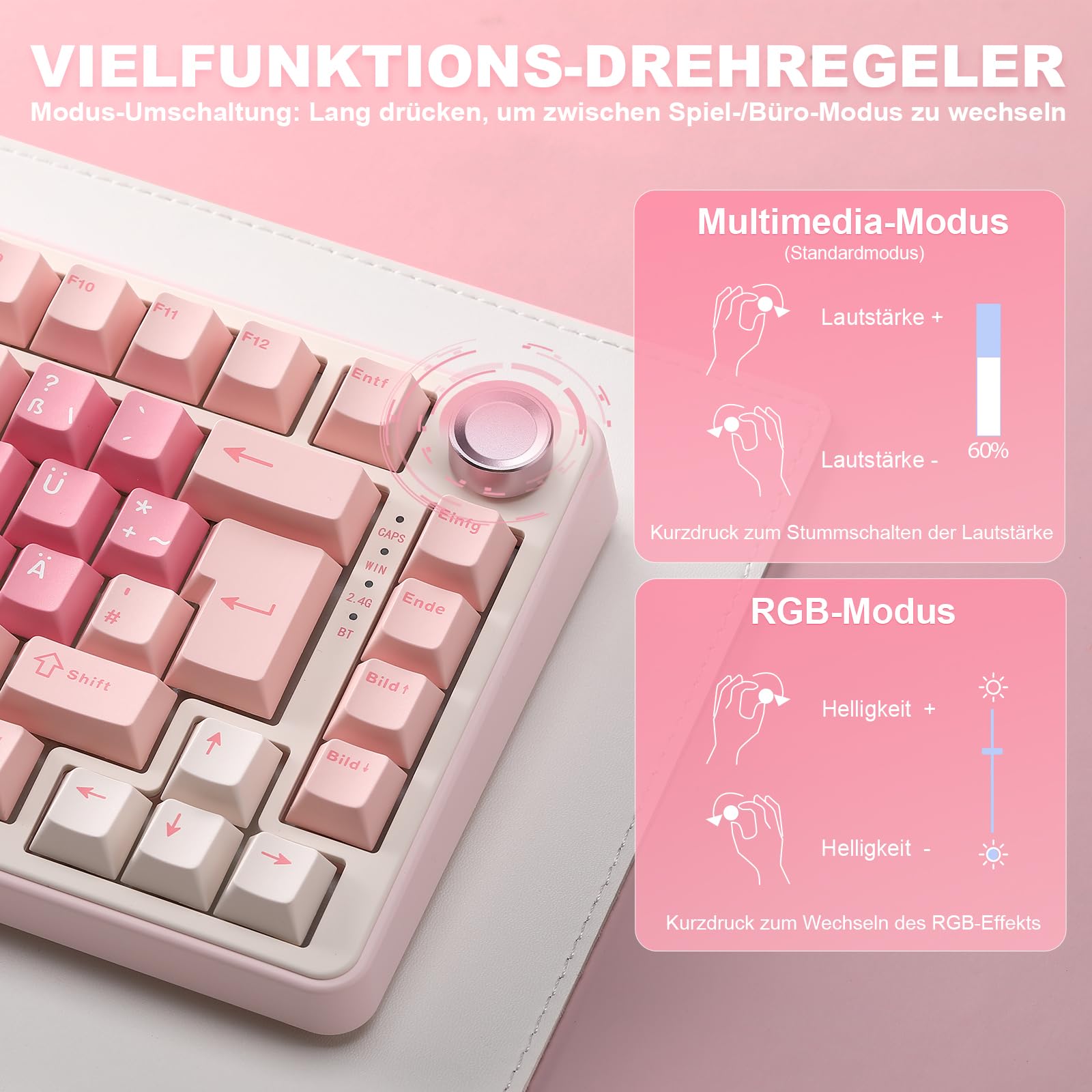 YUNZII B75 PRO ISO-DE Teclado mecánico para juegos, 75% disposición QWERTZ (DE) con botón giratorio, BT5.0/2.4GHz/USB-C, interruptor prelubricado, RGB para Win/Mac/PC (rosa, interruptor de leche)