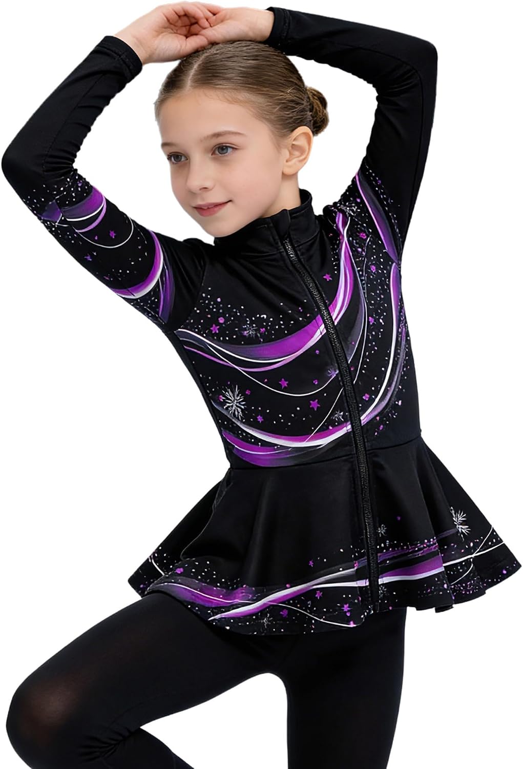 YiZYiF Kids Girls Stylish Print Figure Skating Jacket Ice Skating Training Peplum Jacket Full Zip Practice Coat