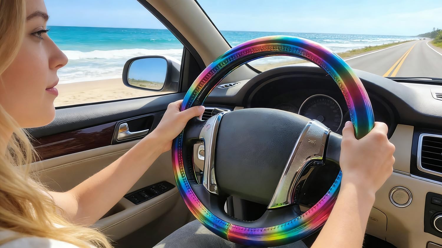 Color Changing Glossy Car Steering Wheel Cover for Women Girls,15" Universal Fit Auto Steering Wheel Protector Interior Decor Car Accessories (Rainbow) - Image 2
