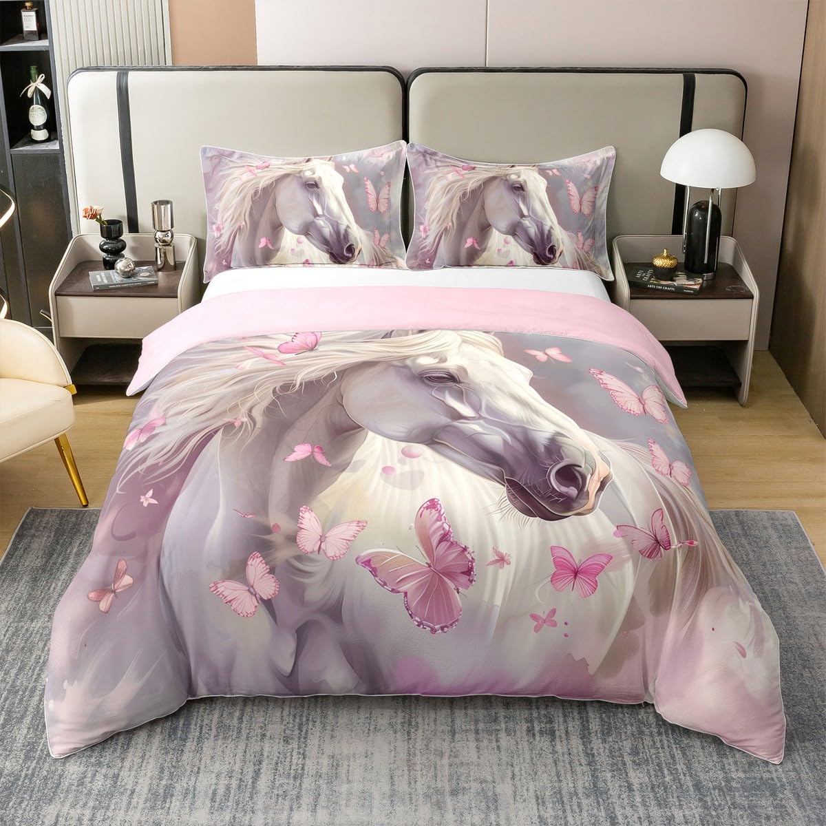 Housse de couette licorne 140x200 coton parure de lit fille rose