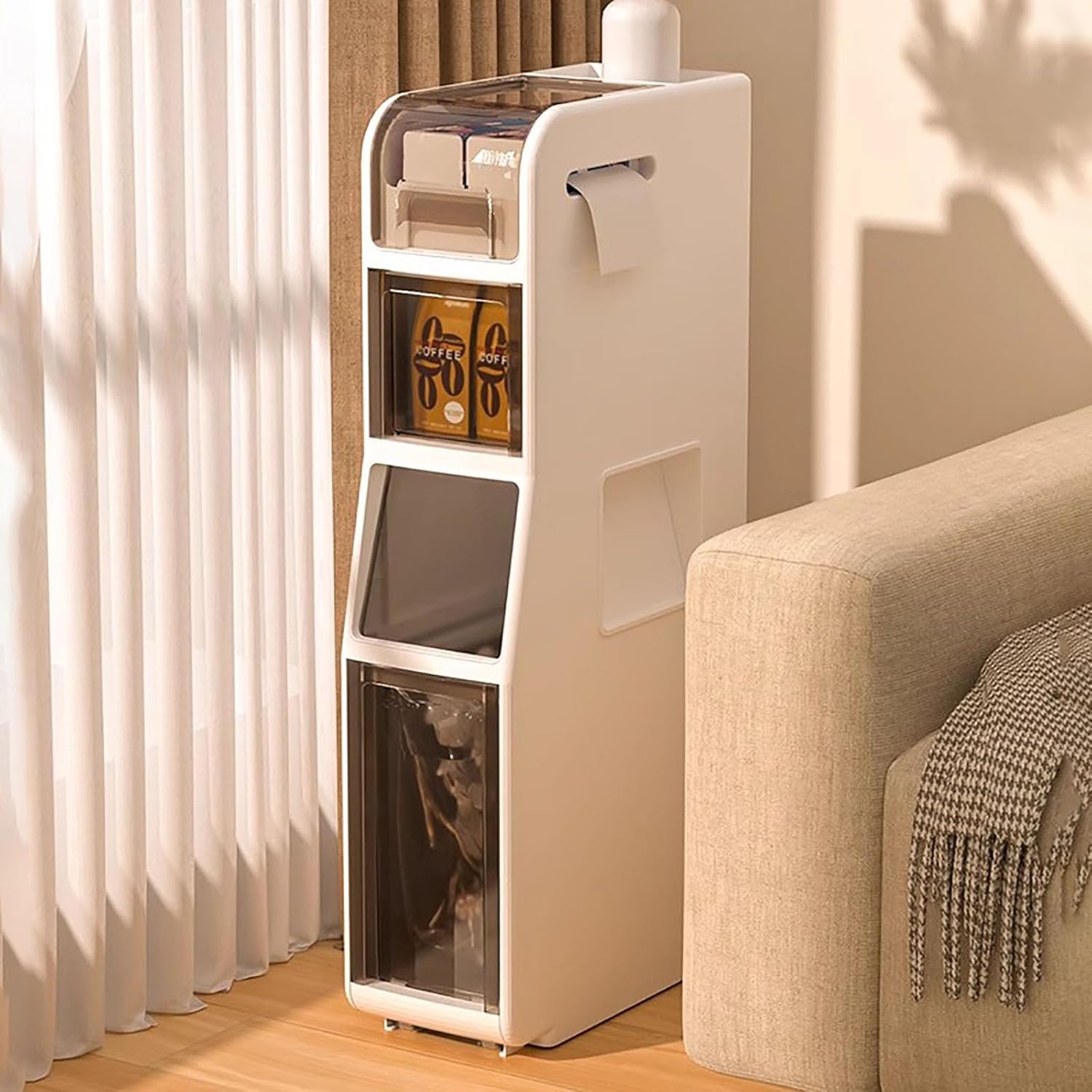 4-Tiers Bathroom Storage Cabinet, Slim Bathroom Cabinet with Side Toilet Paper Opening, Bottom Trash Bin with Rebound Door, Plastic Narrow Storage Stand with Drawers for Small Space