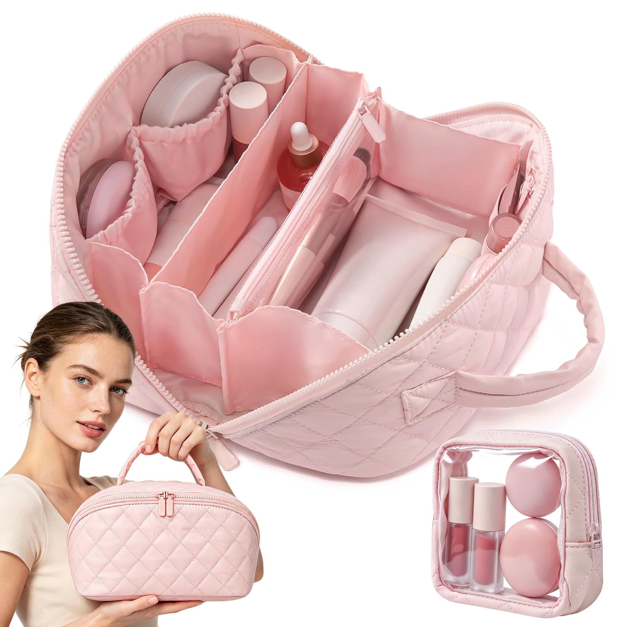 2 Piece Travel Makeup Bag Organizer for Women, Pink Medium Set