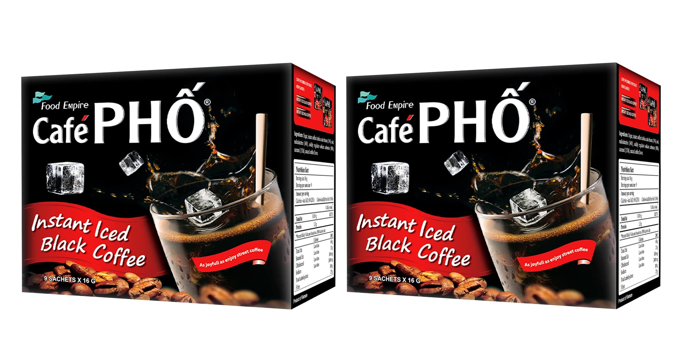 Cafe Pho Vietnamese Instant Coffee Mix, Iced Black Coffee, Cafe Den Da, Single Serve Coffee Packets, Box of 9 Sachets, Pack of 2