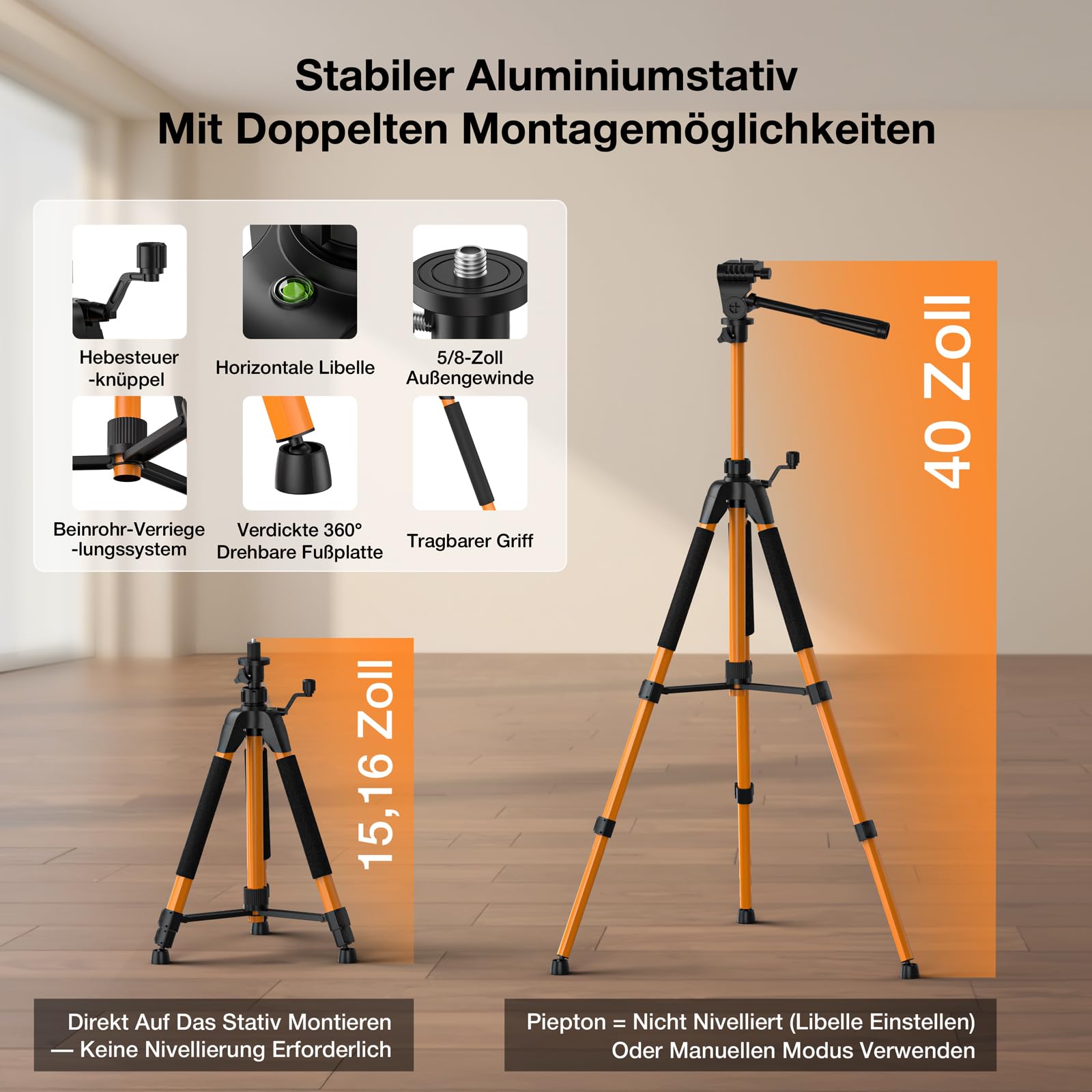 16-Linien grüner Kreuzlinienlaser, Laser-Wasserwaage mit Stativ – 4×360° selbstnivellierender Laser Grünkreuzlaser für Bauarbeiten, Fliesenlegen, Holzarbeiten – Fernbedienung, 2×5400 mAh Akkus & IP54