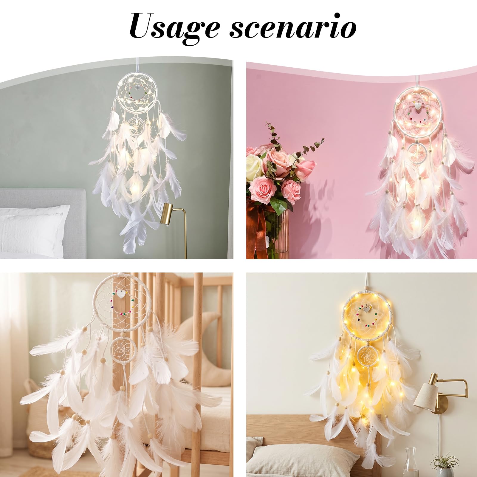 Capteur De Rêves en Plumes Lumineux Attrape Rêve Rétro Décoratif Avec Lumières LED Pour Chambre