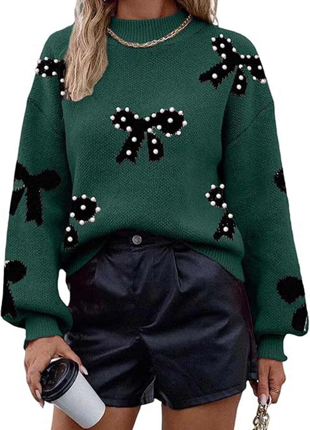 SELINK Womens Casual Pearl Embellished Pullover Sweater Tops Bow Pattern Loose Long Sleeve Round Neck Daily Sweater