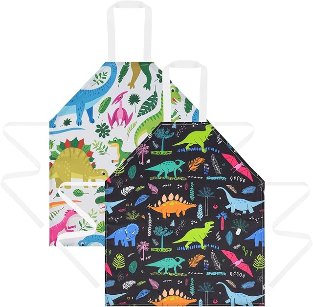 HOTUT 2 Pcs Kids Aprons, Cartoon Style Adjustable Child Chef Aprons, Dinosaur Print Children's Apron for Kids Toddler Painting Baking Artist (Green+Black)