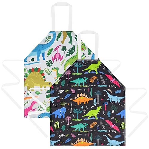 HOTUT 2 Pcs Kids Aprons, Cartoon Style Adjustable Child Chef Aprons, Dinosaur Print Children's Apron for Kids Toddler Painting Baking Artist (Green, Black) - White , Black