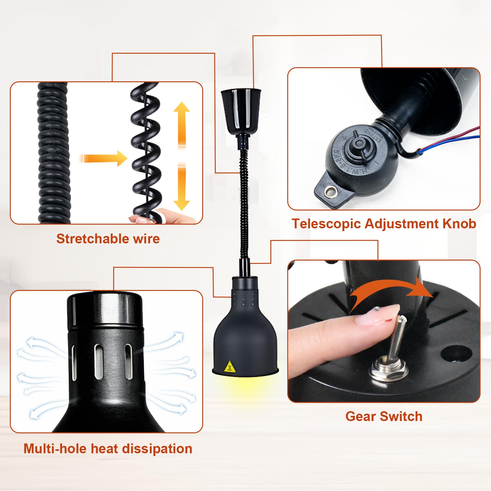 Sospeso Lampade Riscaldanti Cucina Regolabile(D-19cm,3 Pezzi) | 19 cm/25 cm Diametro Lampada Riscaldante per Alimenti, 250W Lampada Scaldavivande Ristorante, Cucina, Hotel
