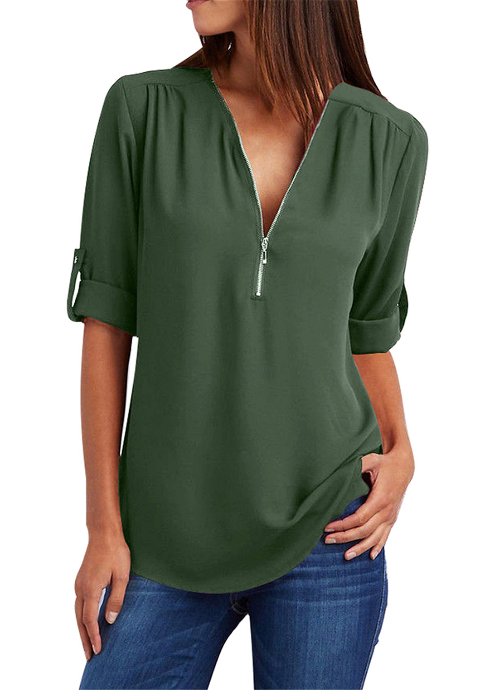 WIWIQS Women's Casual Split V Neckline Zipper Chiffon Blouses Loose Tunic Long Sleeve Shirt Tops