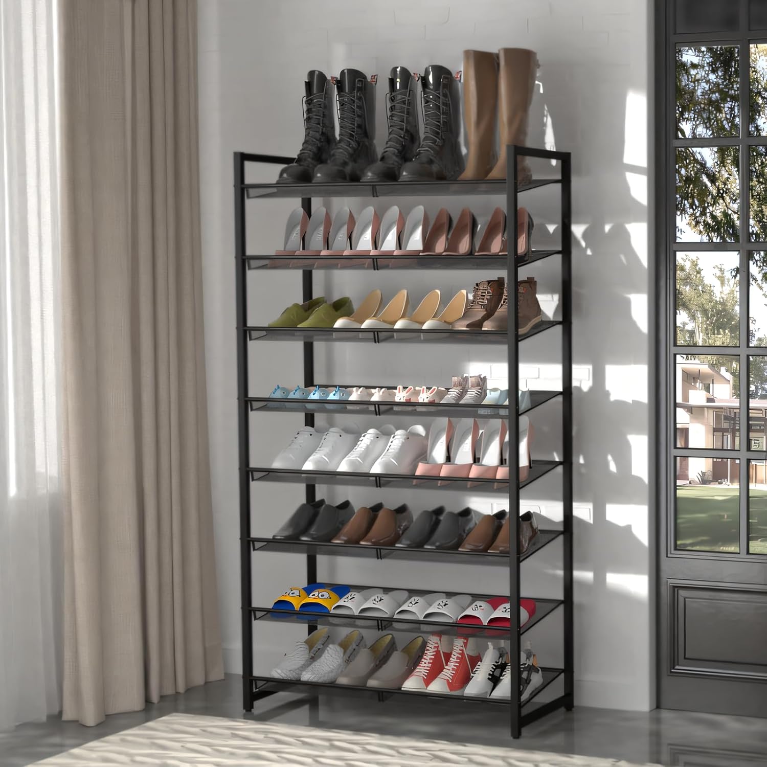 Shoe Rack, 8-Tier Metal Shoe Organizer, Tall Shoe Rack for Closet,entryway,Garage, with Adjustable Flat or Angled Shelves, 32-40 Pairs,Shoes That can accommodate The Whole Family. Black 8Tier
