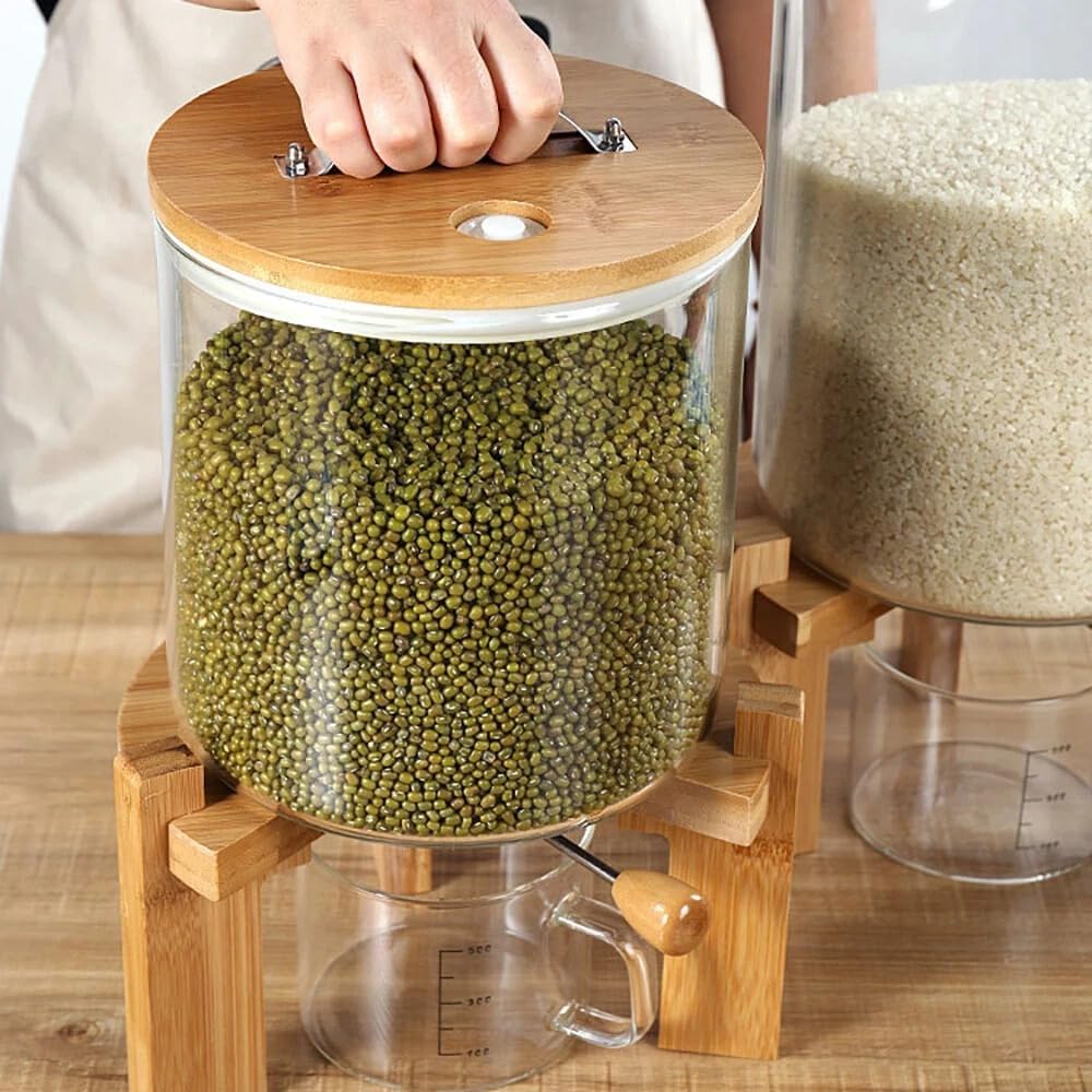 Rice Dispenser, Rice Storage Container, Glass Dry Food Storage Container with Bamboo Lid & Bottom Dispenser Valve, Kitchen Pantry Organizer for Rice, Cereal, Pet Food, Includes Measuring Cup (7.5L)