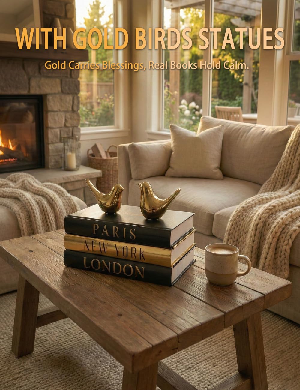 Libros decorativos para decoración del hogar y decoración de libros de mesa de café, juego de 3 diarios de tapa dura real (París, Londres, Nueva York) con pájaros de cerámica dorada, decoración