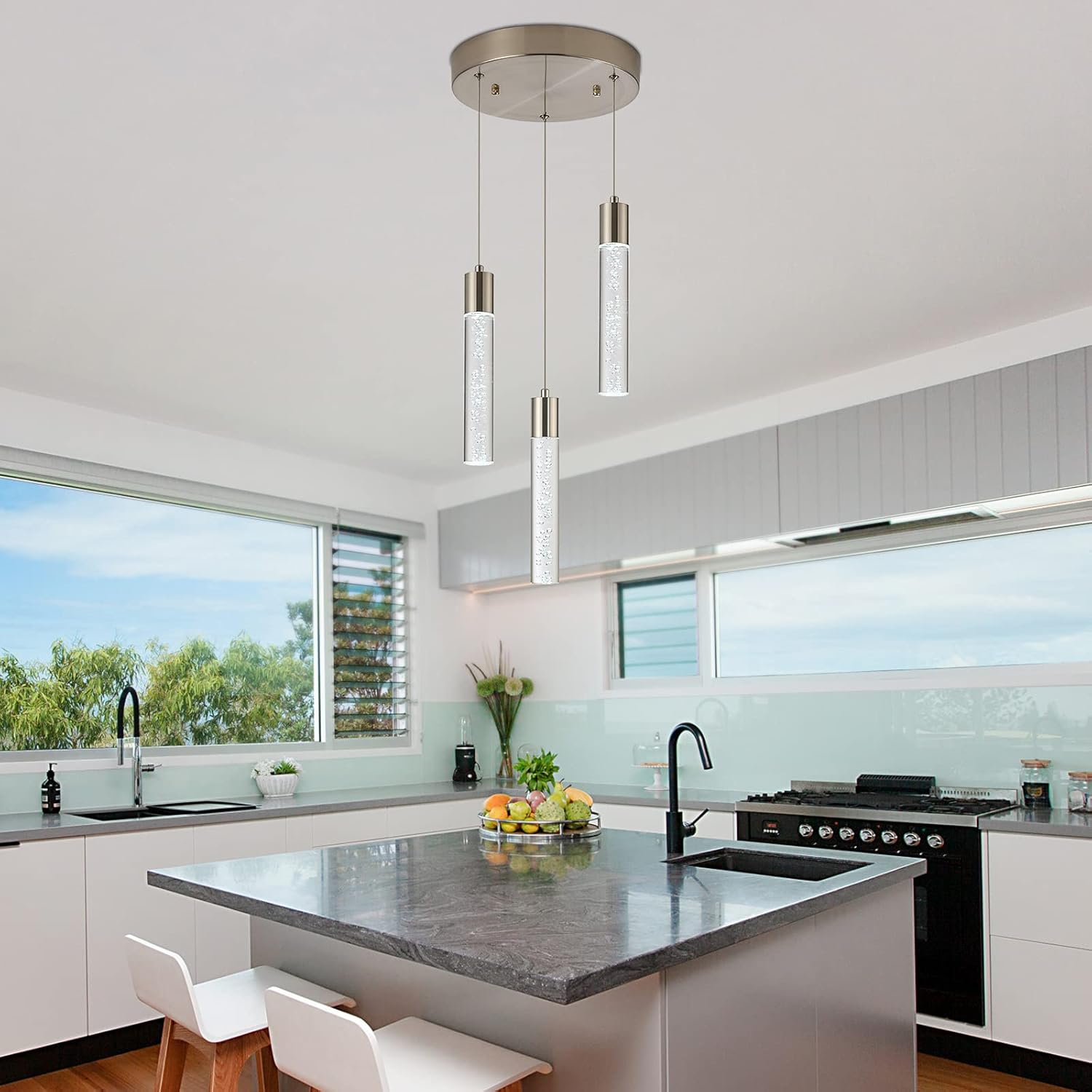 Pendant Light fixtures, Integrated 3-Light Pendant Lighting Silver Finish, Dimmable Pendant Lights Kitchen Restaurant, Dining Room