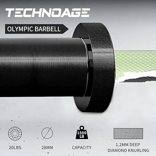 Miniatura 5 de TECHNOAGE Barra olímpica de 7 pies, capacidad de 1500 libras, barra olímpica de 45 libras, carga de barra olímpica de cromo sólido (placa de 2