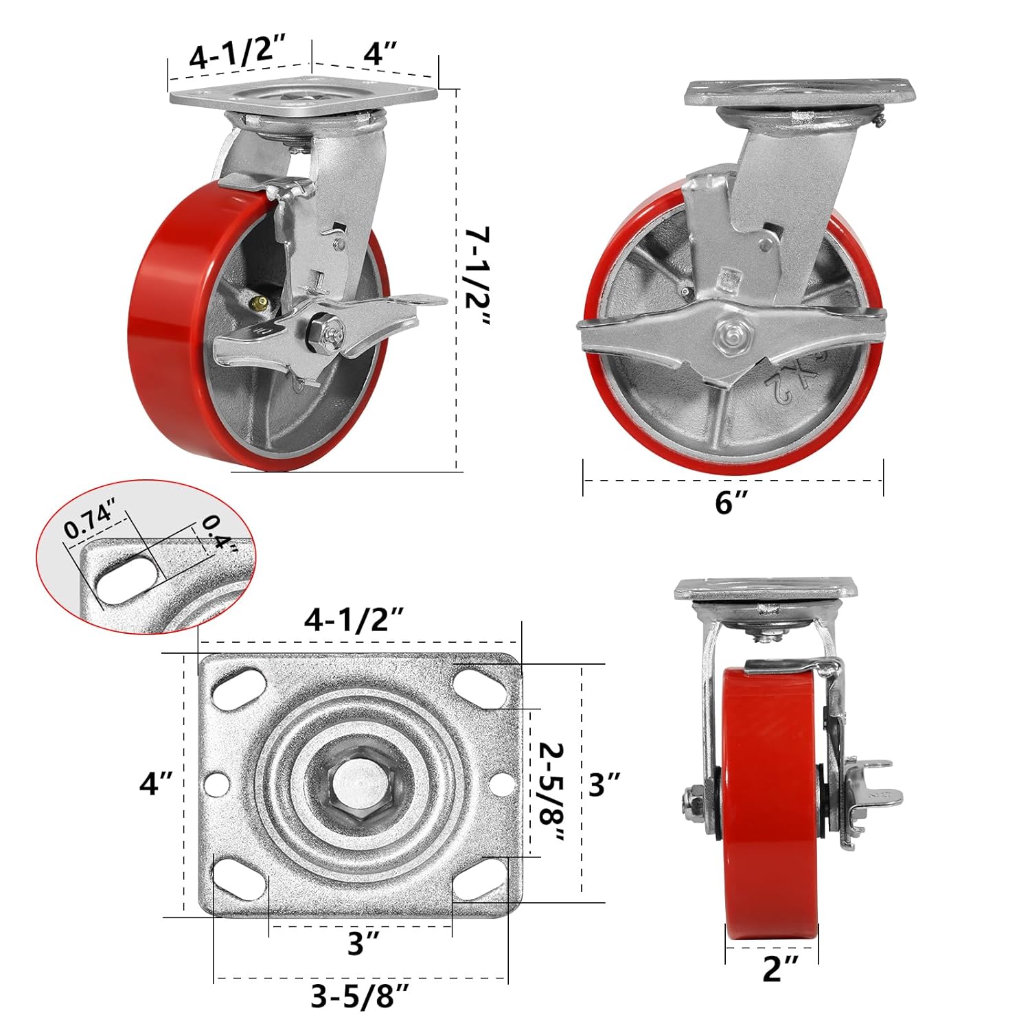 6" Casters Set of 4 Heavy Duty Industrial Caster Wheels with Load 4800lbs Capacity, Polyurethane Wheels for Workbench,Tool Box,Dolly(2 Brake & 2 Rigid)