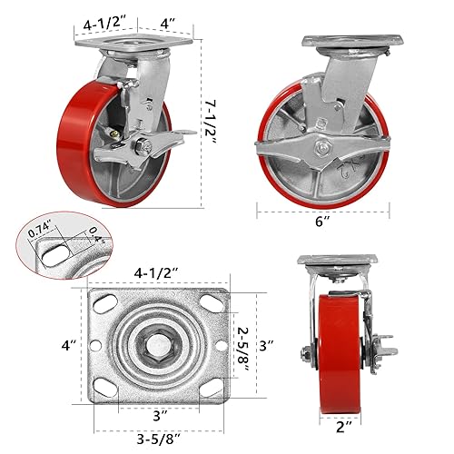 Miniatura 2 de Ruedas giratorias de 6 pulgadas, ruedas resistentes con rueda de poliuretano, juego de 4 ruedas industriales con capacidad de 4800 libras,