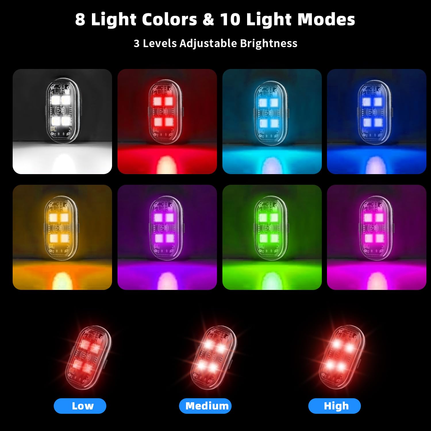 Lot de 8 lumières LED sans fil - Éclairage d'ambiance avec charge USB et télécommande - Flash LED - 8 couleurs - Étanche - Anti-collision - Pour drone Lot de 8 lumières LED sans fil - Éclairage d'ambiance avec charge USB et télécommande - Flash LED - 8 couleurs - Étanche - Anti-collision - Pour drone
