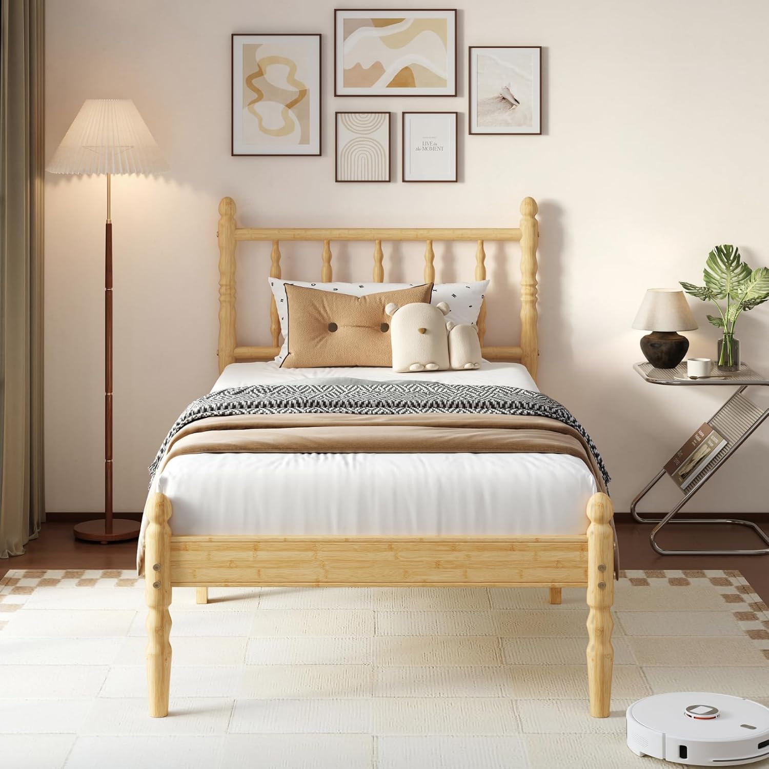 Hunlostten Wood Bed Frame Twin Size, 14 Inch Solid Bamboo Platform Bed with Headboard and Footboard, Heavy Duty Steel Slats Support, No Box Spring Needed, Easy to Install