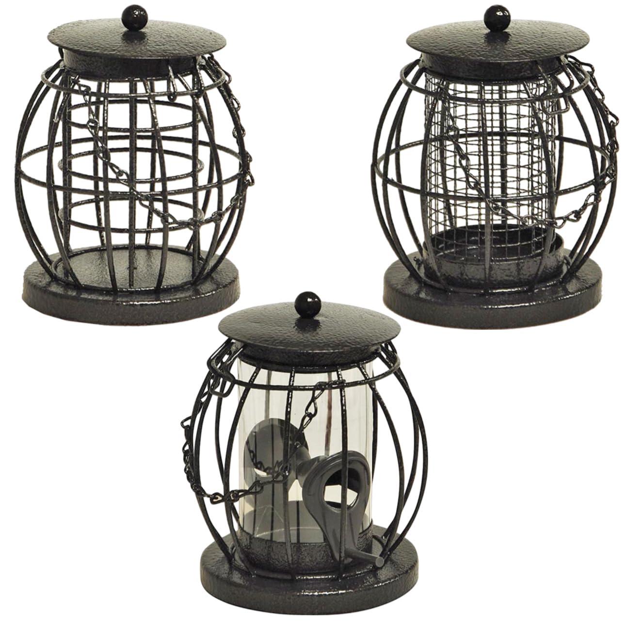 Set of 3 Mini Caged Bird Feeders – Fat Ball, Nut & Seed Feeder with Squirrel Proof Guard – Metal Hanging Lanterns for Wild Garden Birds