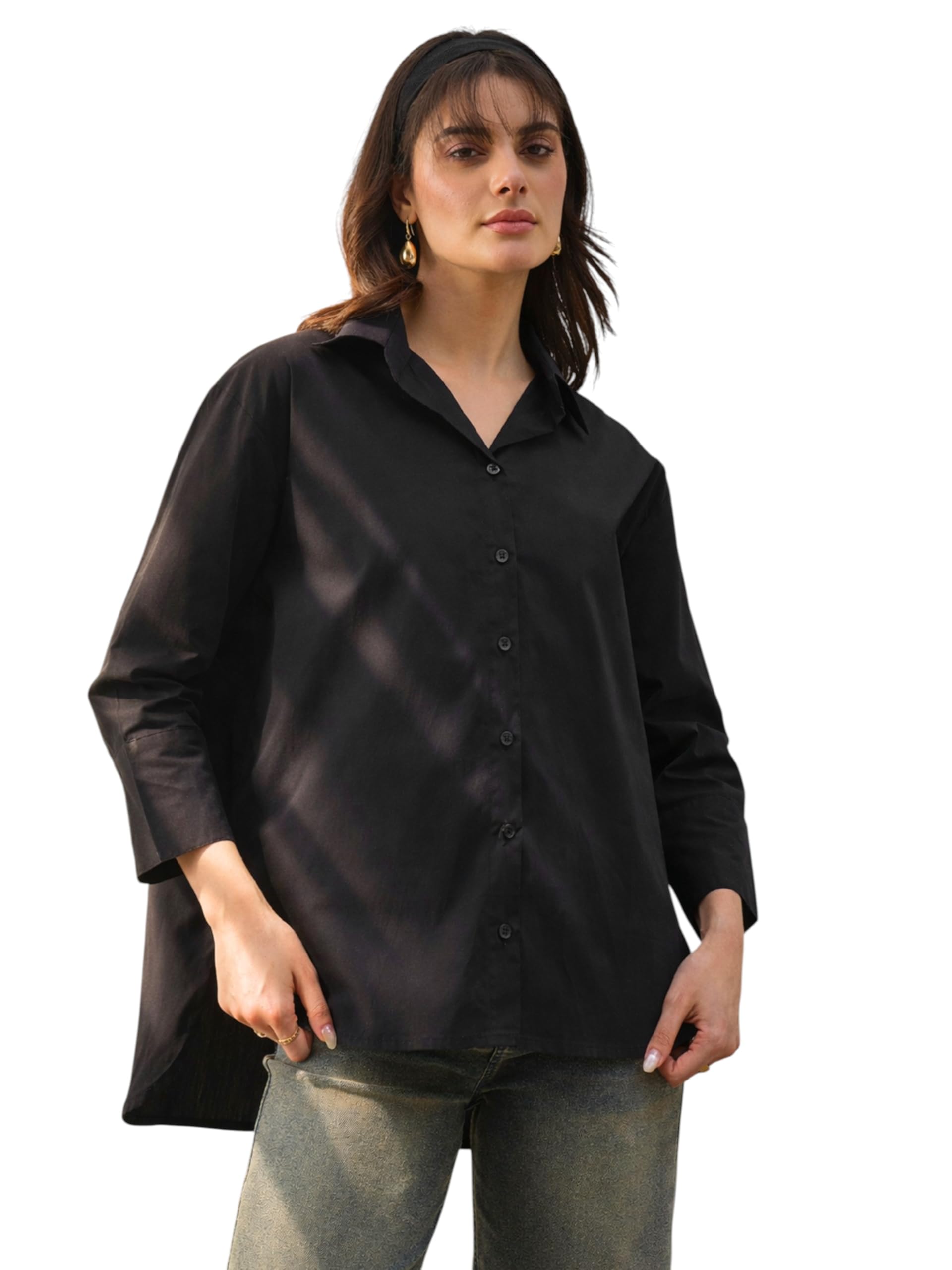 SASSAFRAS Women's High-Low Oversized Boxy Poplin Shirt in neutral