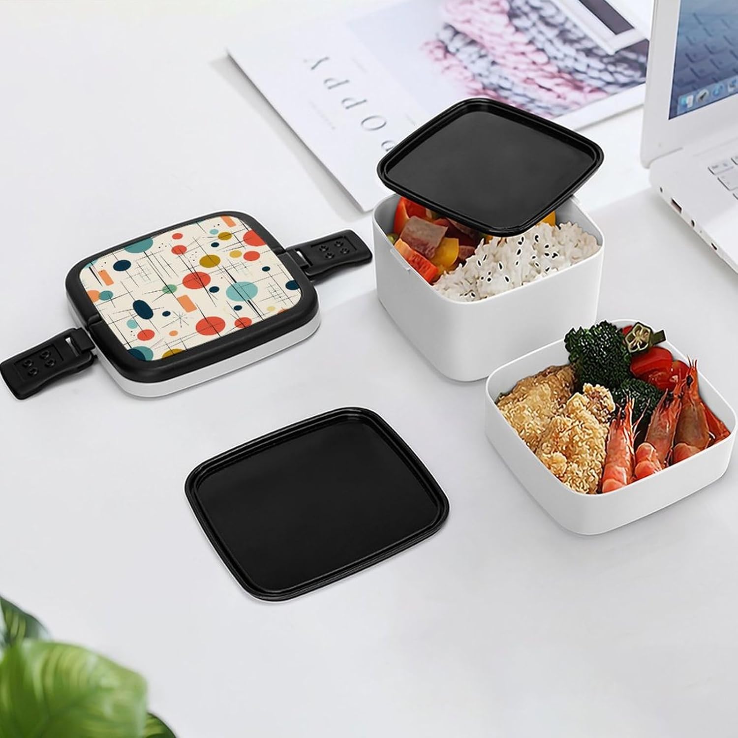 Modern Mid Century Bento Box Adult Lunch Box for Men Women Leak-Proof Lunchbox with Spoon 2 Compartment Large Lunch Container for Work Dining Camping, XB0602028