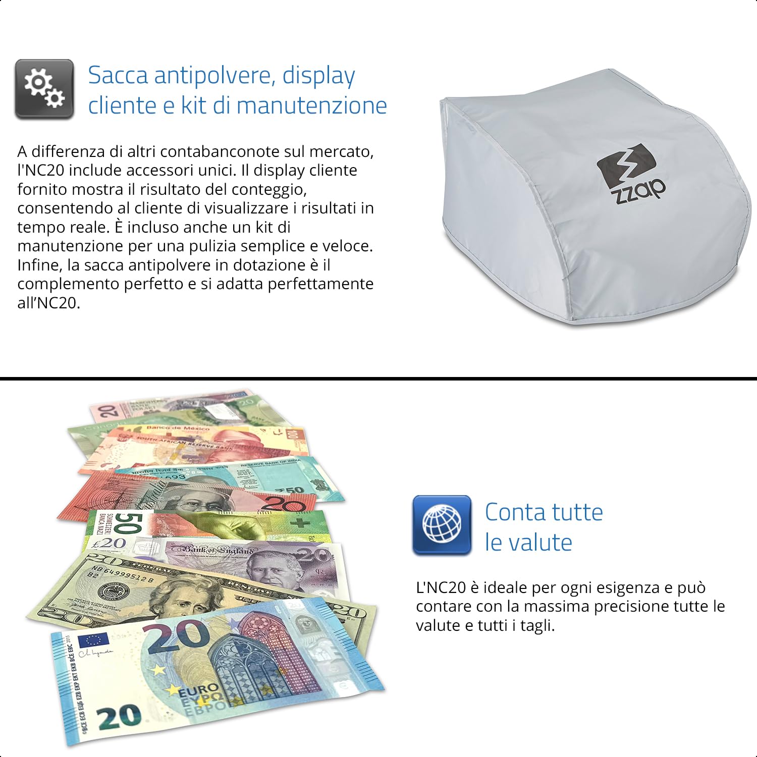 ZZap NC20 Contabanconote - Conta 1.000 banconote al minuto, Conteggio in lotti, conta tutte le valute del mondo e altro ancora!