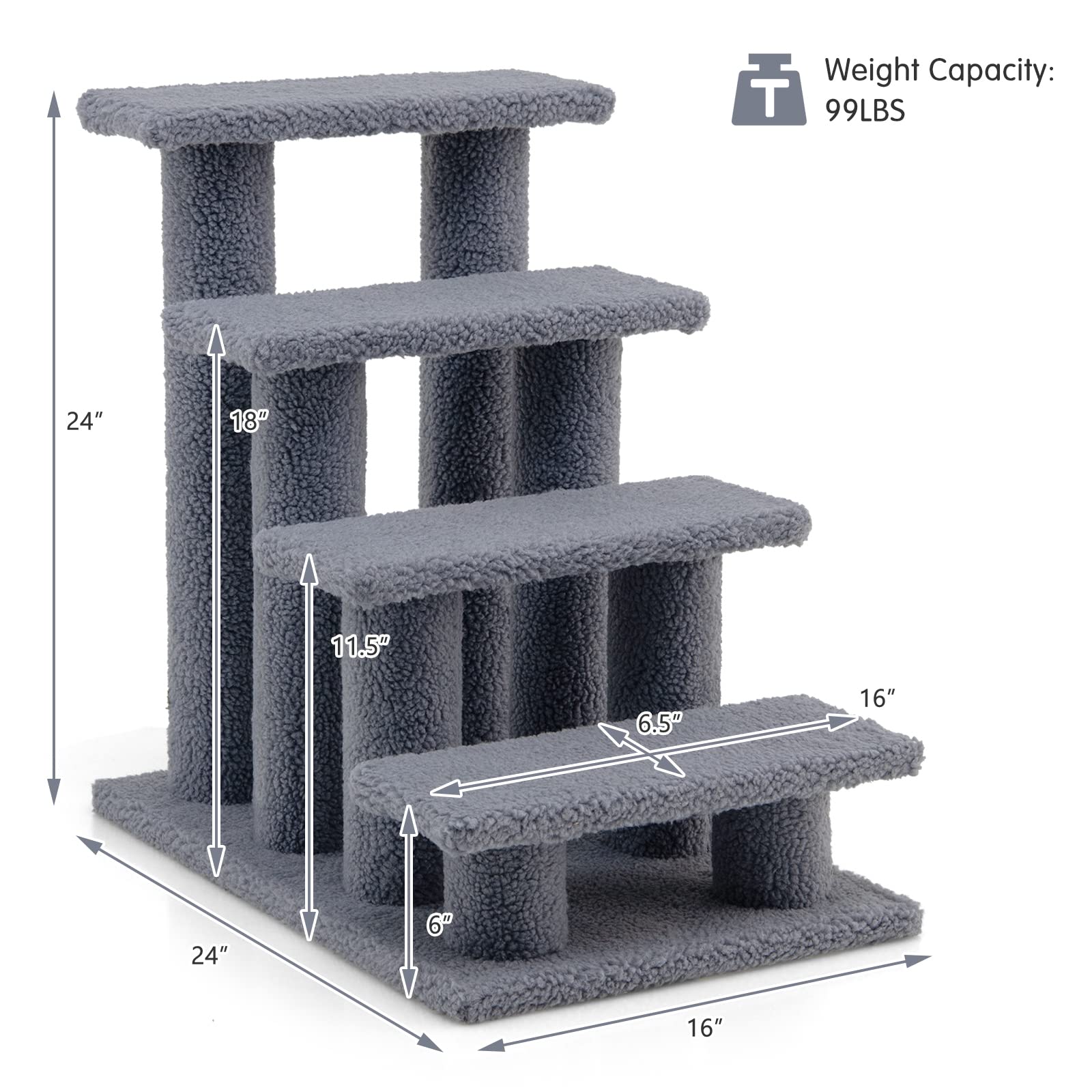 Cat Stairs With Scratching Post & Condo - Pet Steps For High Beds, Adjustable, Gray