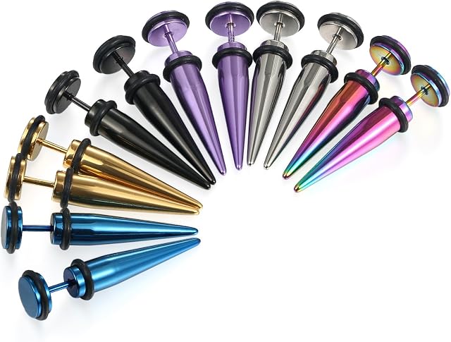 Cupimatch 6 Pairs 16G Stainless Steel Taper with O ring Stud Earring Illusion Fake Gauge Ear Plug Piercing Earrings Sets 8mm