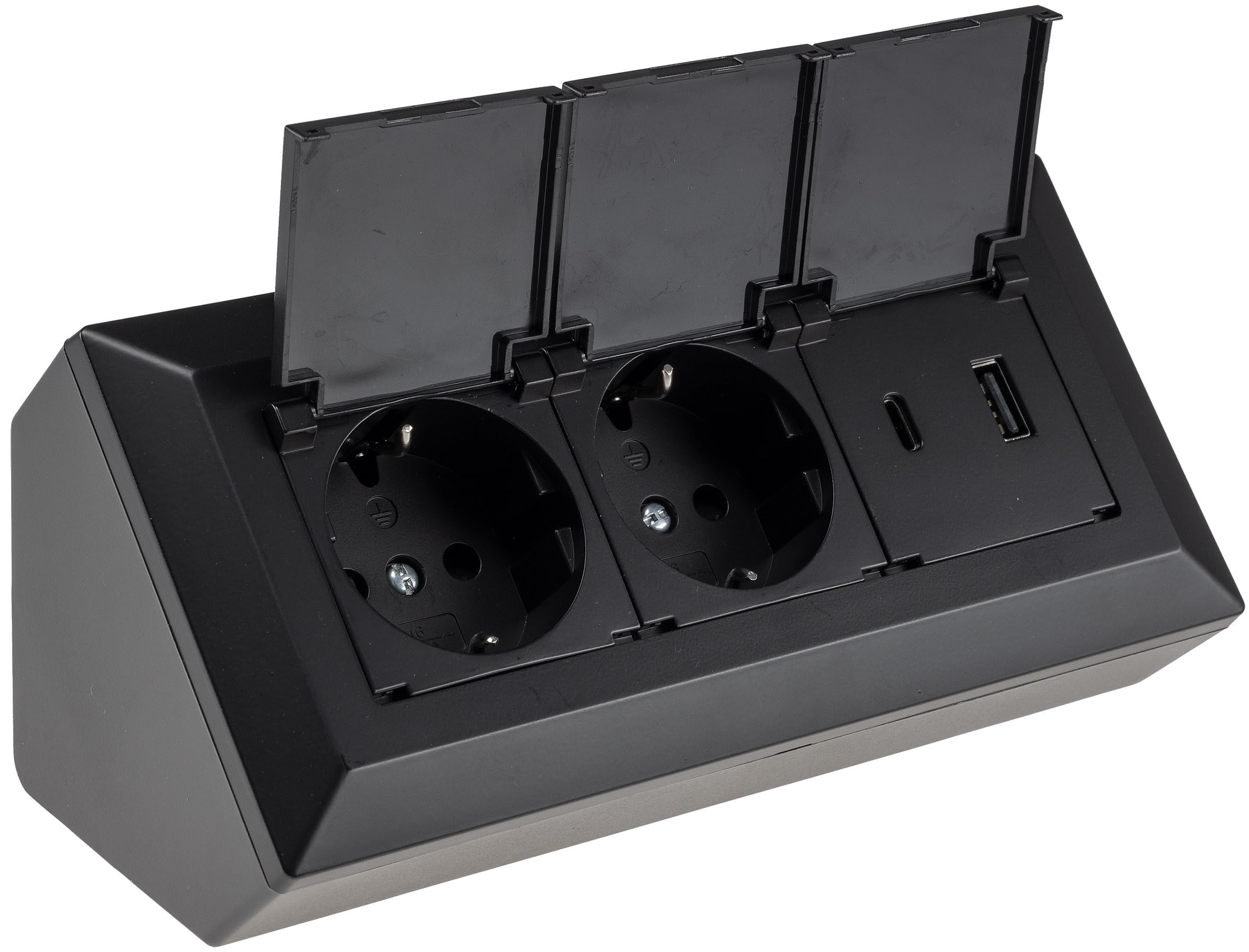 Blocco prese Presa multipla a 2 vie con coperchio incernierato USB-A USB-C PD Presa 230V per cucina ufficio officina nero