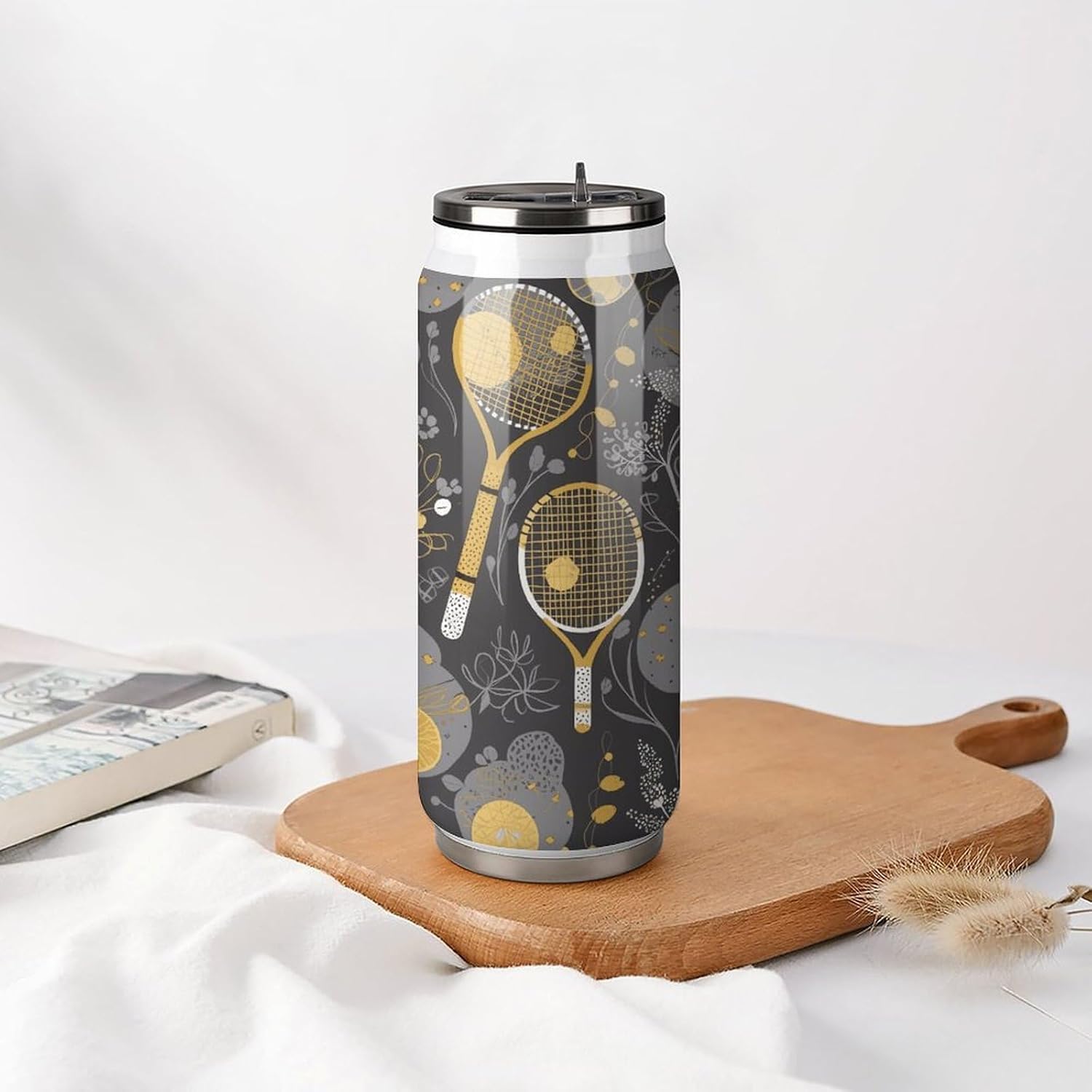 Stainless Steel Cups Racquets And Tennis Balls Printed Coke Cup Stainless Steel Insulated Cups with Lid And Straw