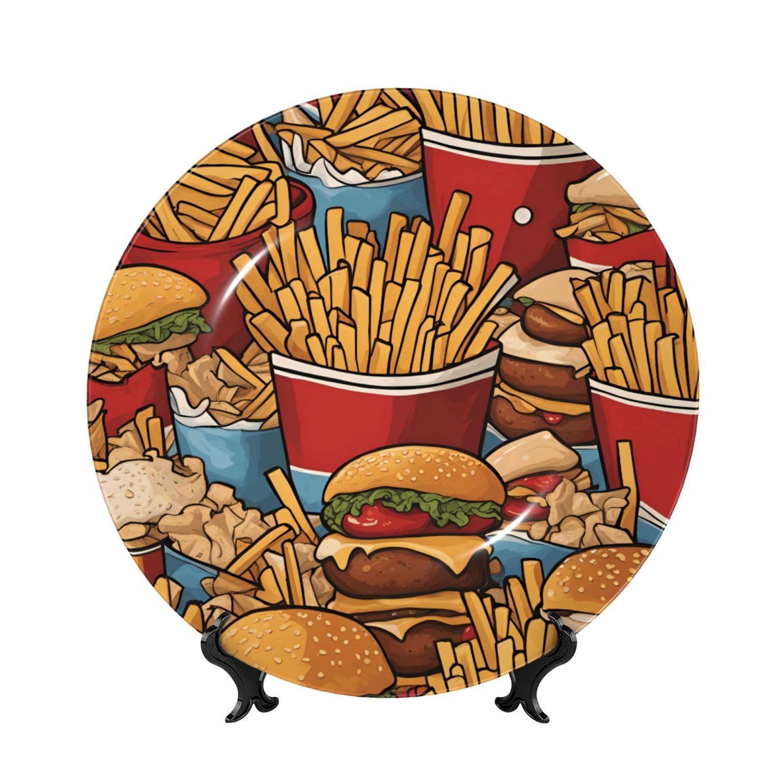 SXZVVBN Lots of cute fries Bone China Decorative Plate Art with Stand Removable Adhesive Hanging for Home Office 8in（20cm）