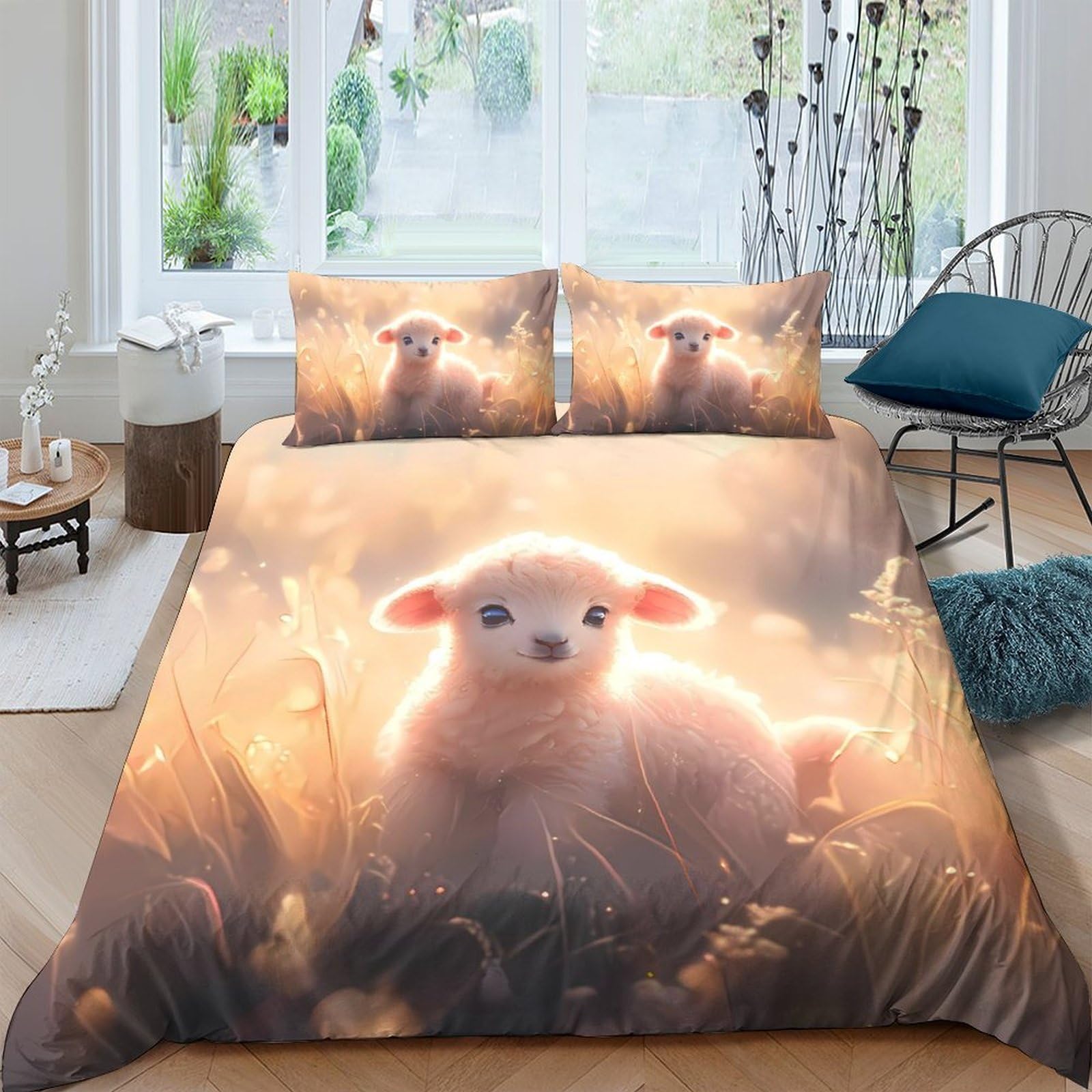 Ctjqhvkz Style-2 3D Printed Cute Lamb Fitted Sheet Microfiber Soft Pastoral Meadow Bed Sheet Anti-Slip, Machine Washable Bedroom Decor Single（135X200cm）
