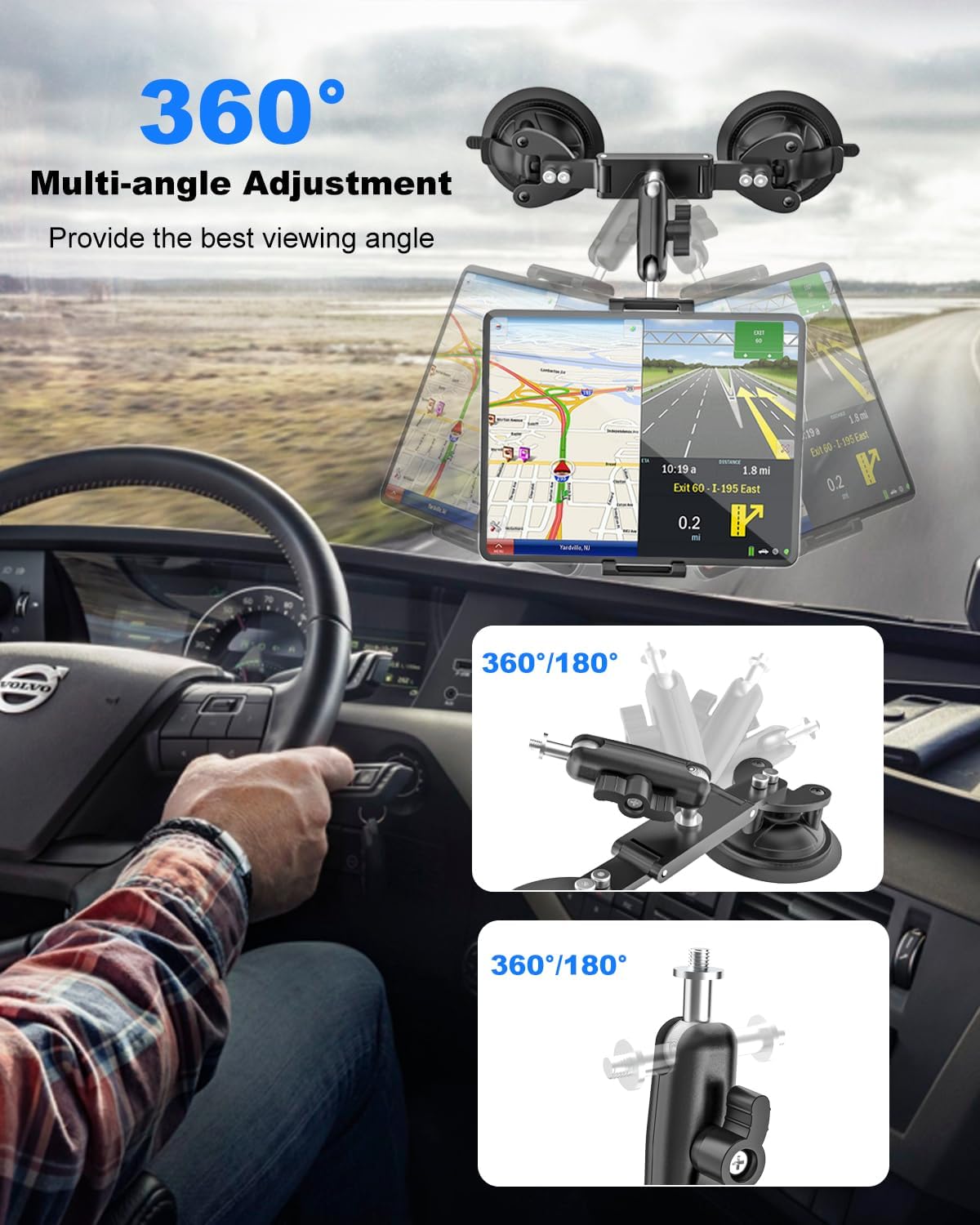 Dual Suction Cup Camera Mount with Metal Ball Head Magic Arm, Heavy Duty Car Mount with Tablet Holder & Action Cam Adapter Compatible with DJI/GoPro/Insta360/iPad, On Windshield, Door Windows