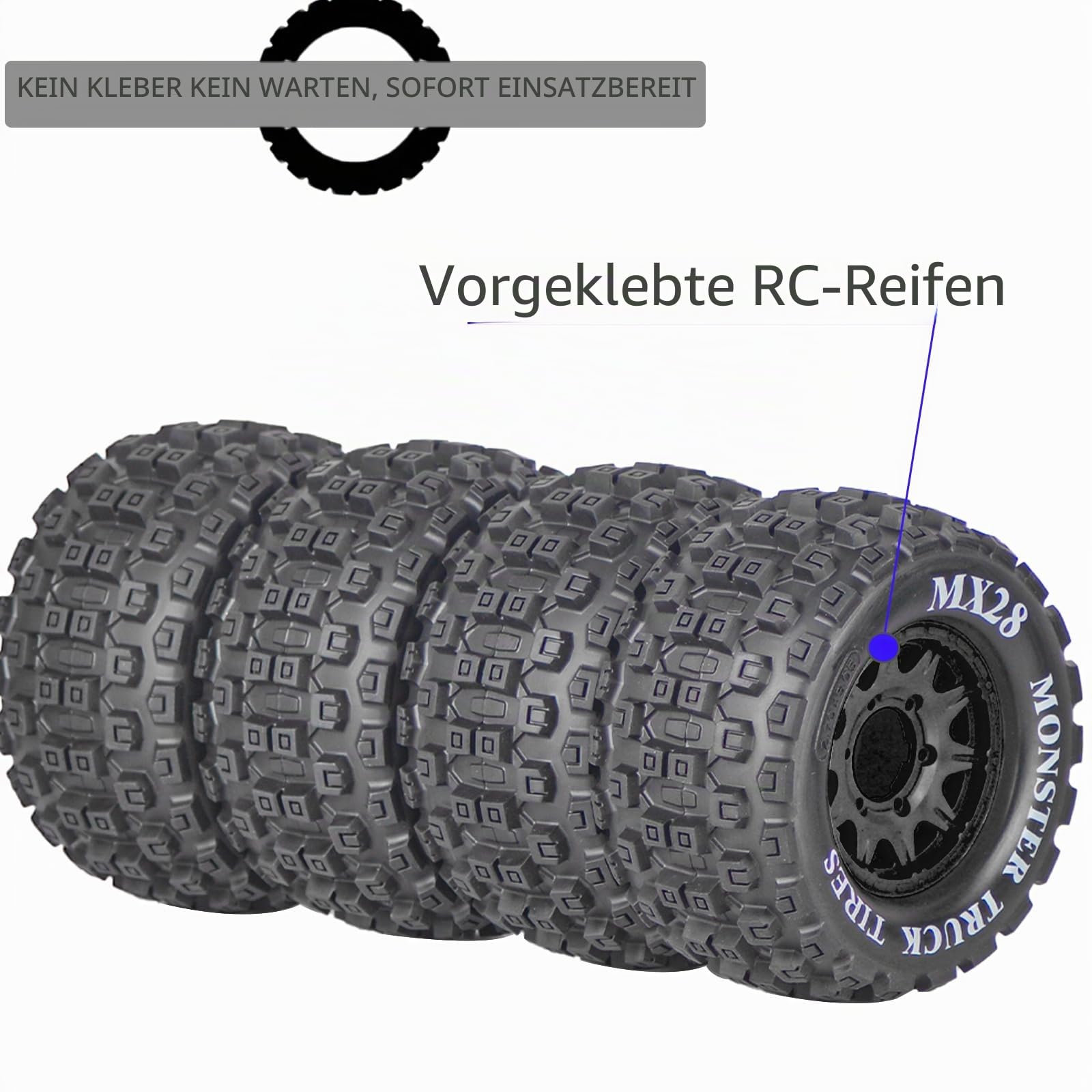 MX28 2,8 Zoll Reifen und Felgen Vorgeklebt All-Terrain MT Reifen mit 12mm/14mm Hex - 1/10 Maßstab RC Truck Reifen für ARRMA Big Rock, Granite, Senton, Vorteks, Traxxas Slash, Stampede, Rustler, Hoss