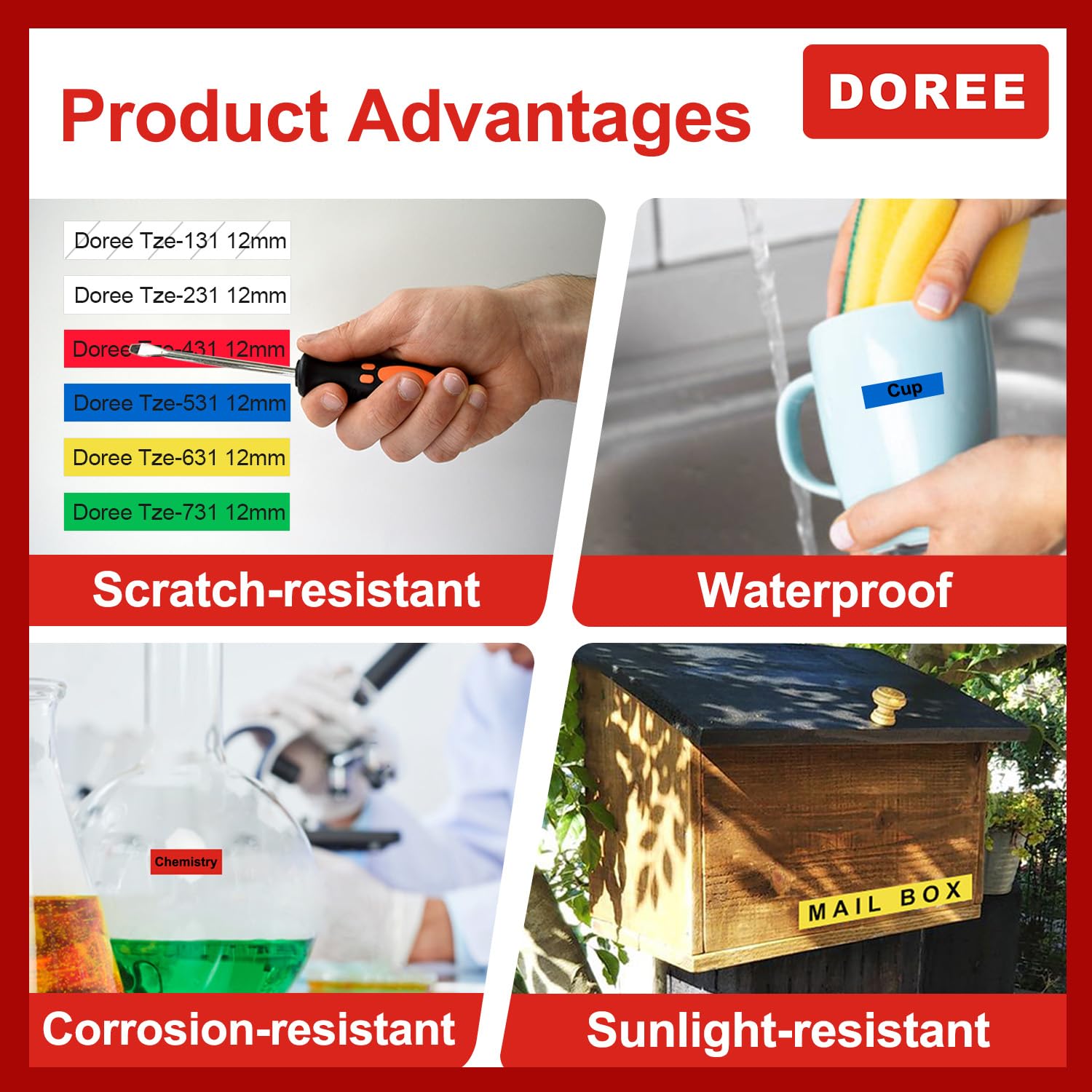 DOREE Confezione da 6 nastri Tze compatibili con Tze131, Tze231, TZe431, Tz531, Tz631, Tz731, 12 mm di larghezza, trasparente, bianco, rosso, blu, giallo, verde, per P-touch 1010, PT-H100LB, H100R