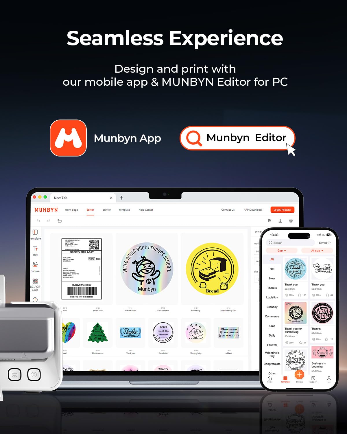 MUNBYN Imprimante Thermique 4x6 avec Tête d'impression remplaçable, Compatible iOS macOS Android Windows, Blanc