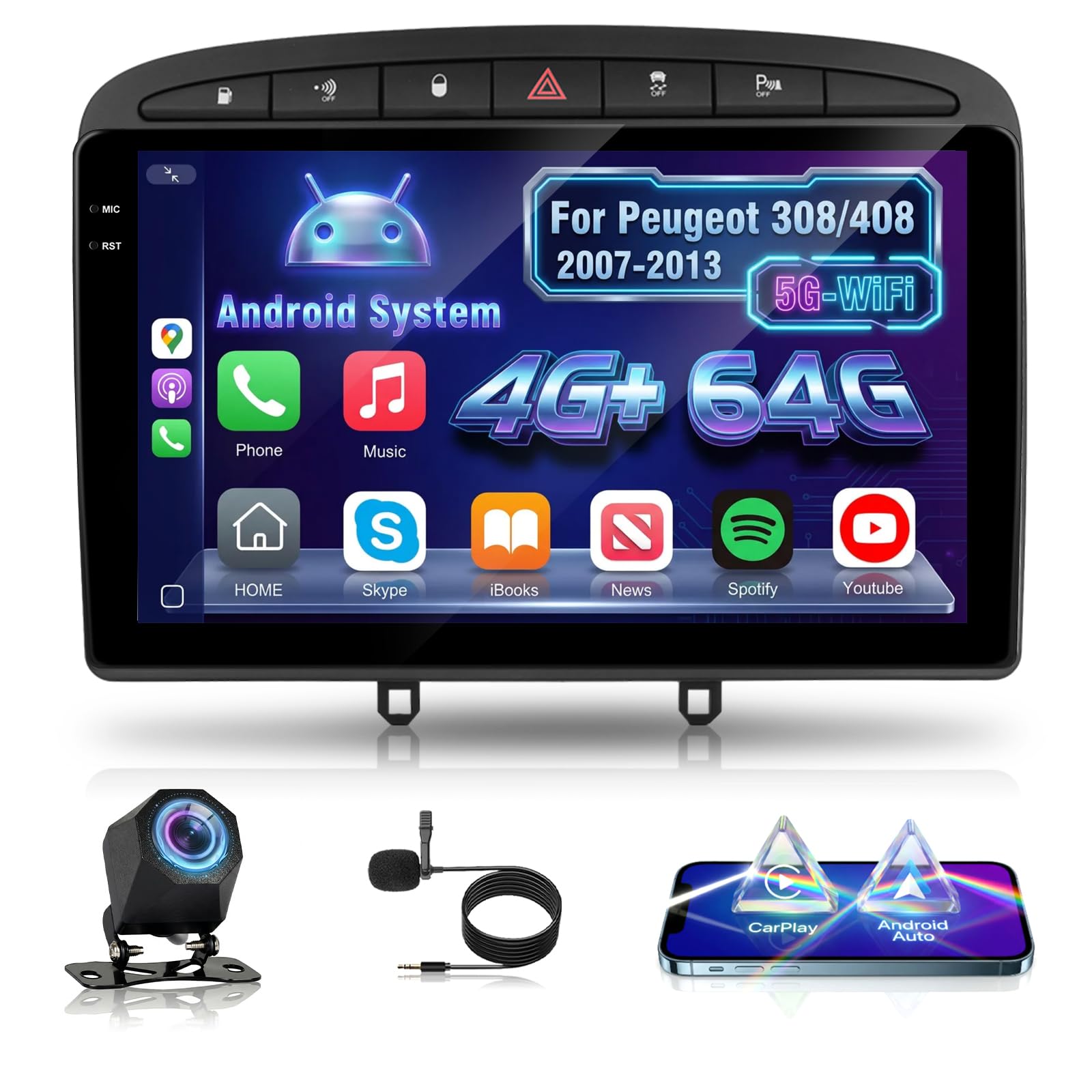 NHOPEEW Autoradio 4+64G Android pour Peugeot 308/408 2007-2013 avec Carplay sans Fil et Android Auto - Écran incell 9 Pouces Prise en Charge WiFi GPS Commandes au Volant + Caméra de recul, Canbus