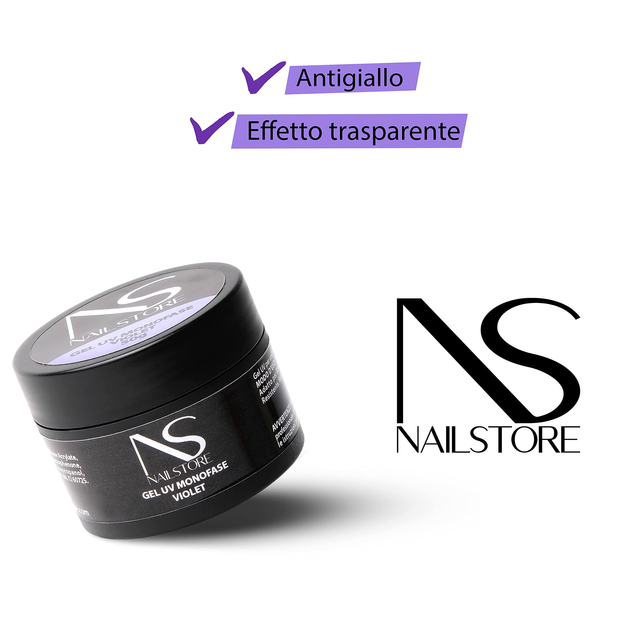NAILSTORE - Gel UV Led Costruttore Monofasico Clear Violet Trasparente – evita l’ingiallimento unghie - media densità – autolivellante – adatto per ricostruzione unghie con cartine e per refill (30g)