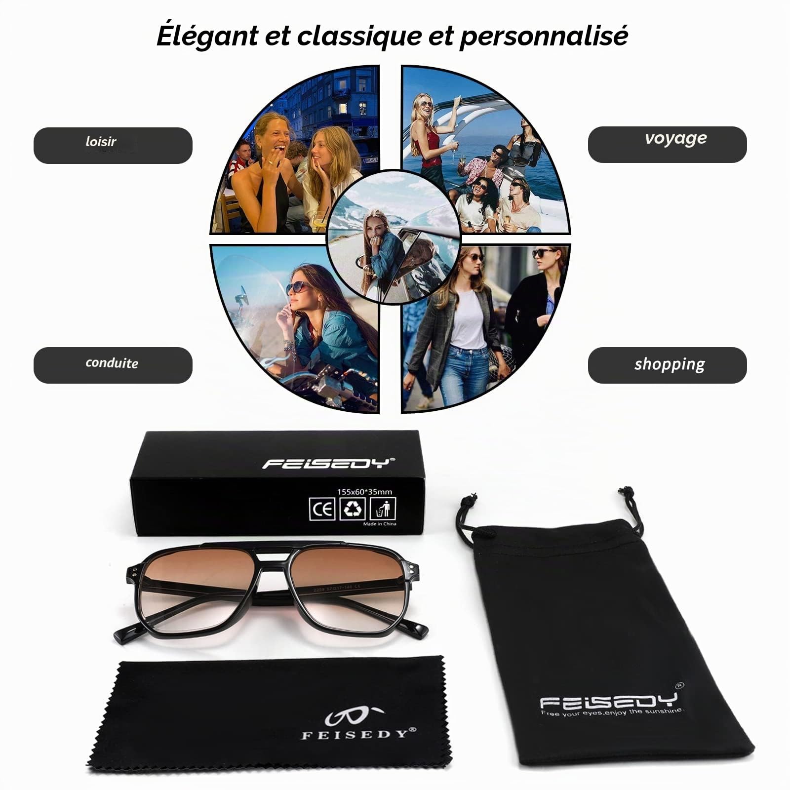 FEISEDY Retro Lunettes de Soleil Carrées Femme Homme 70s Vintage Lunettes Classique avec Double Pont Protection UV400 B2835