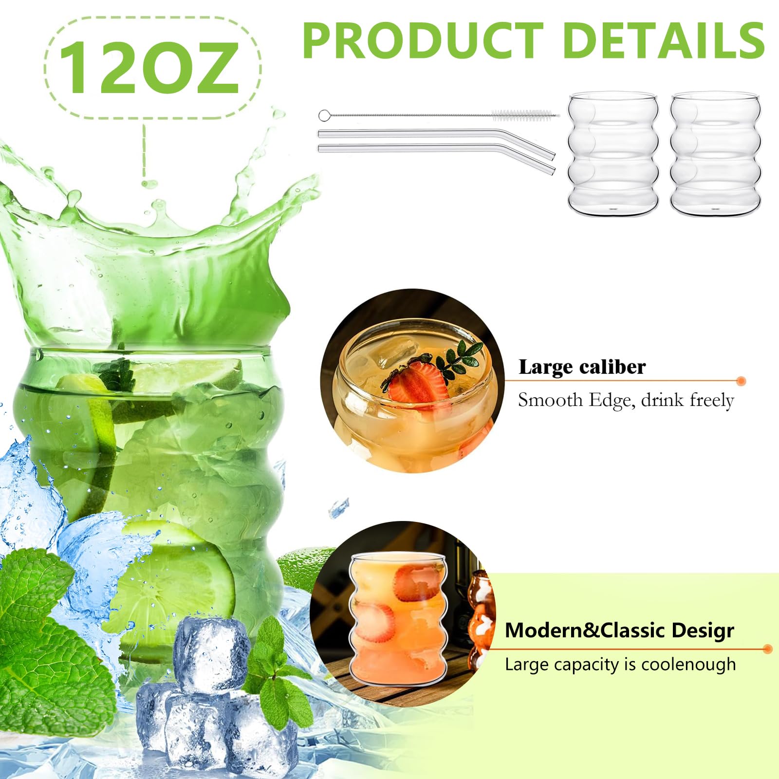 Bicchieri In Vetro Scanalati - Set Di 2 Da 300ml Con Cannucce, Per Bevande Fredde E Calde - Foto 14