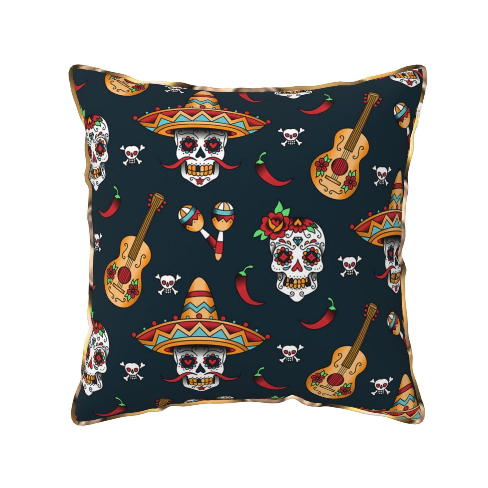 AUBKFELD Mexican Skull Printed Velvet Cushion Cover 45x45 CM with Gold Edging Strip, Square Pillowcase Soft Throw Pillow Covers Case Decorative for Living Room Sofa Couch Bed Bench