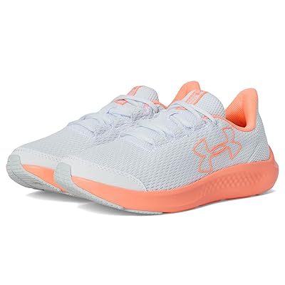 Under Armour Kids Grade School Charged Pursuit 3 Big Logo (Big Kid) Girls Shoes Distant Gray/Flare Orange/Flare Orange