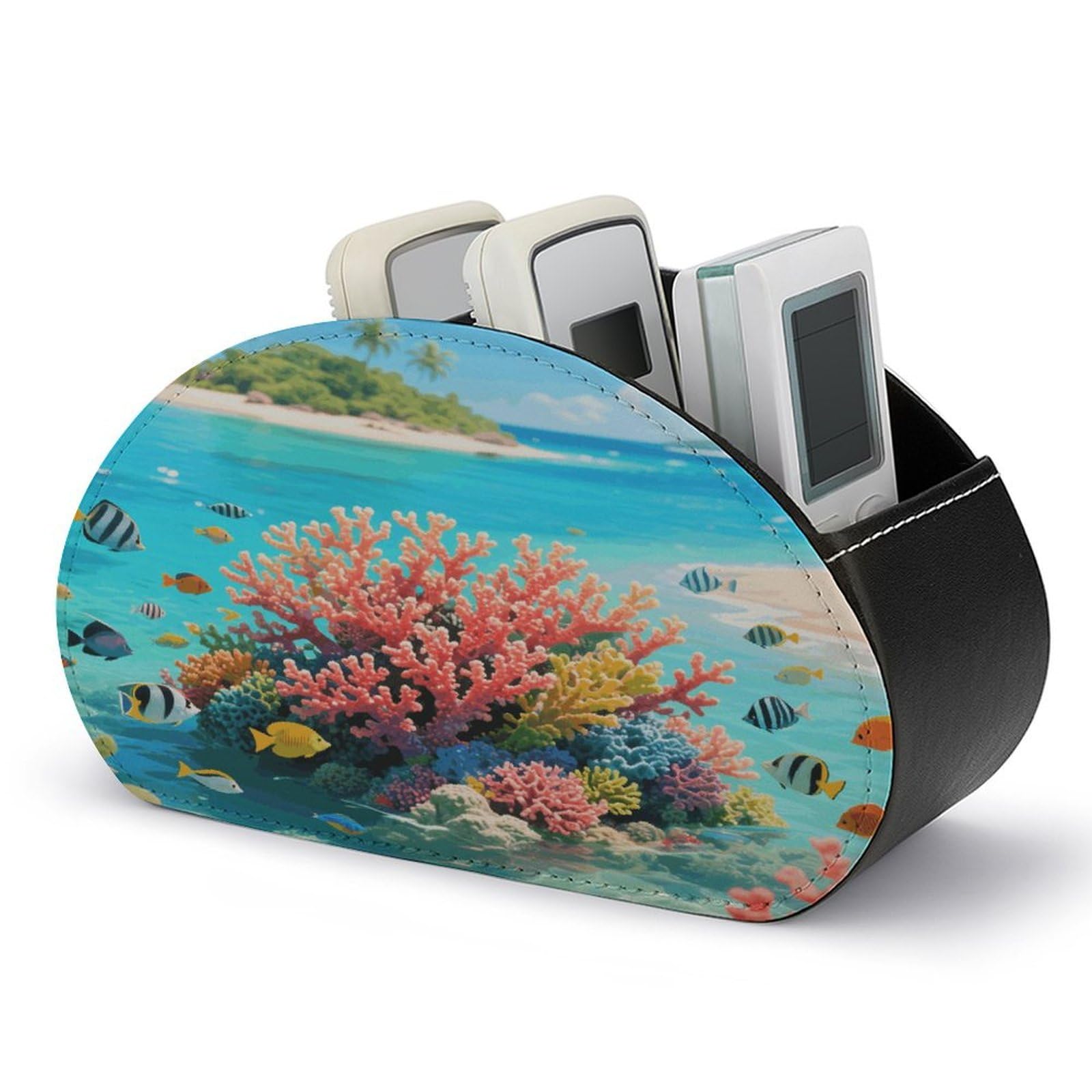 VstaDank Island Corals Remote Control Stand PU Leather Multifunctional Office Organizer Makeup Brush Holder Computer with 5 Compartments Player Box