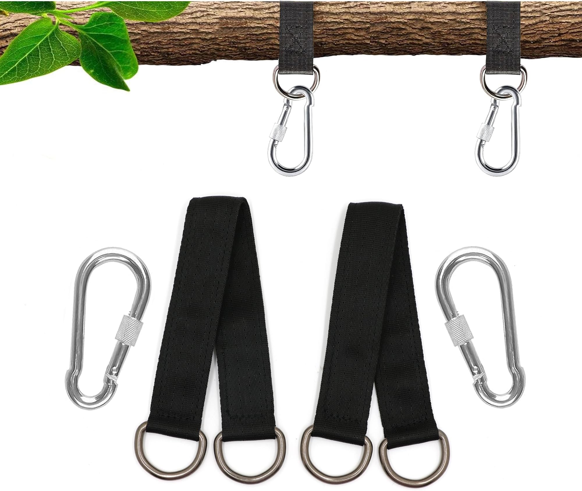 Hanging Kit Straps, 2 x 25 cm Swing Hanging Straps with 2 Carabiner and D-rings, Adjustable Heavy Duty Hammock Straps for Tree Swing Camping Hammock