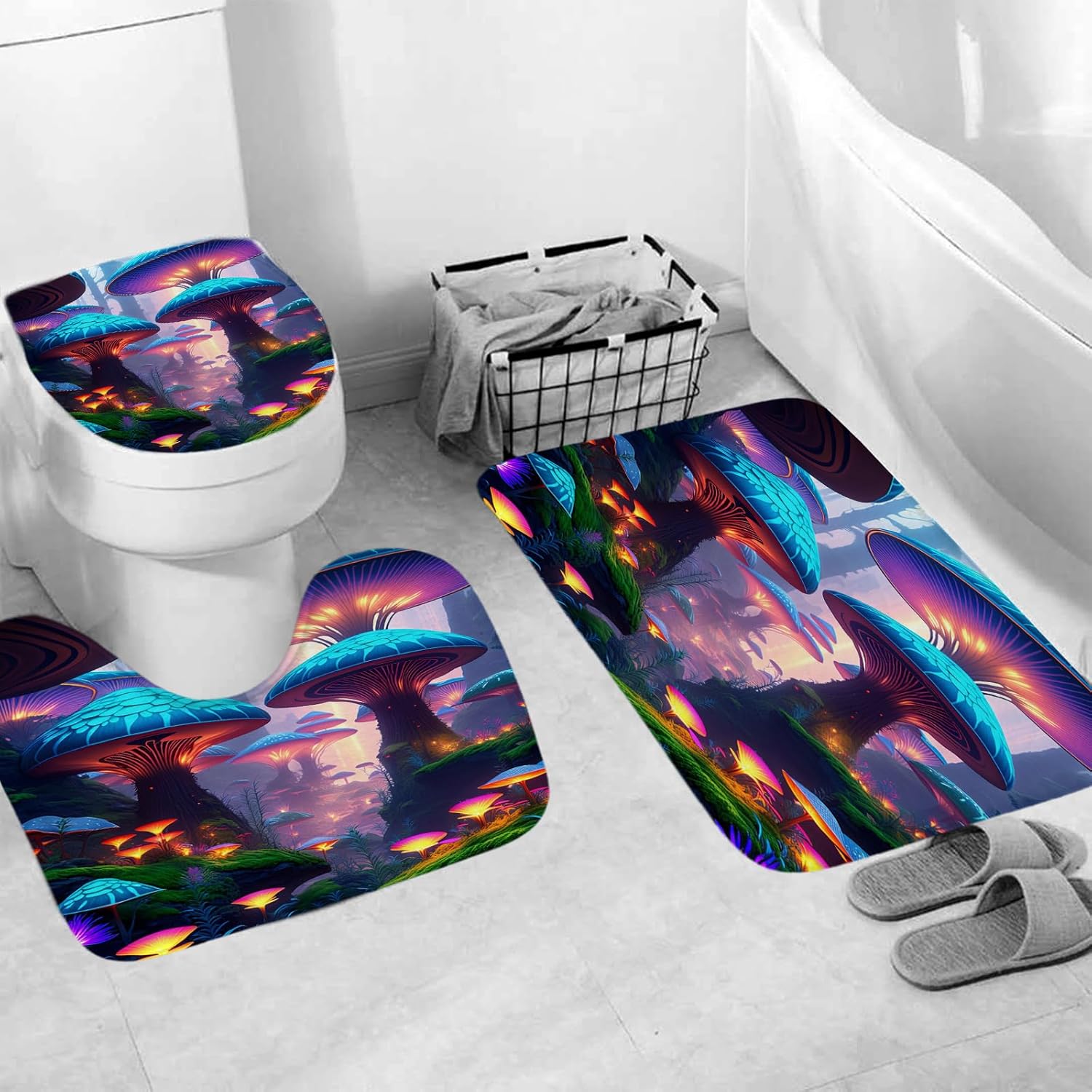 Fantastical Forest Mushrooms Shower Curtain 72" x 72" with Hooks Colorful Mushrooms Girls Bathroom Decor Sets 4 Pcs Tall Dark Trees Bathroom Sets with Shower Curtain and Rugs, Toilet Lid Cover