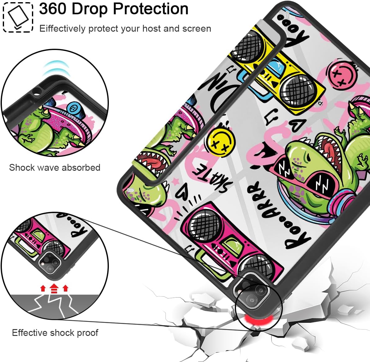 Mektron Case for iPad Pro 11 inch (4th, 3rd, 2nd & 1st Gen) 2022 2021 2020 2018, Buit in Pencil Holder with Shockproof Cover Clear Shell + Trifold Stand + Auto Wake/Sleep, Cool Dinosaur